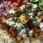 Lemon Yogurt Chicken Rice Bowl garnished with fresh herbs and vegetables