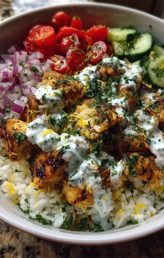 Lemon Yogurt Chicken Rice Bowl garnished with fresh herbs and vegetables