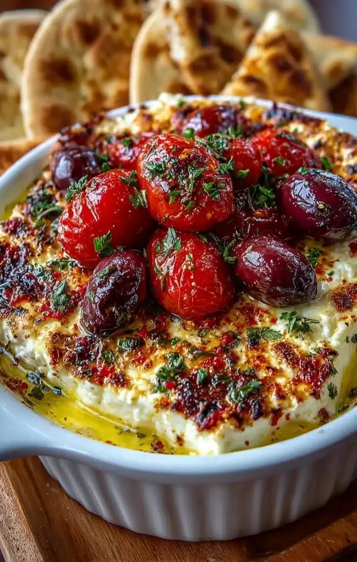 Mediterranean baked feta appetizer served with pita bread