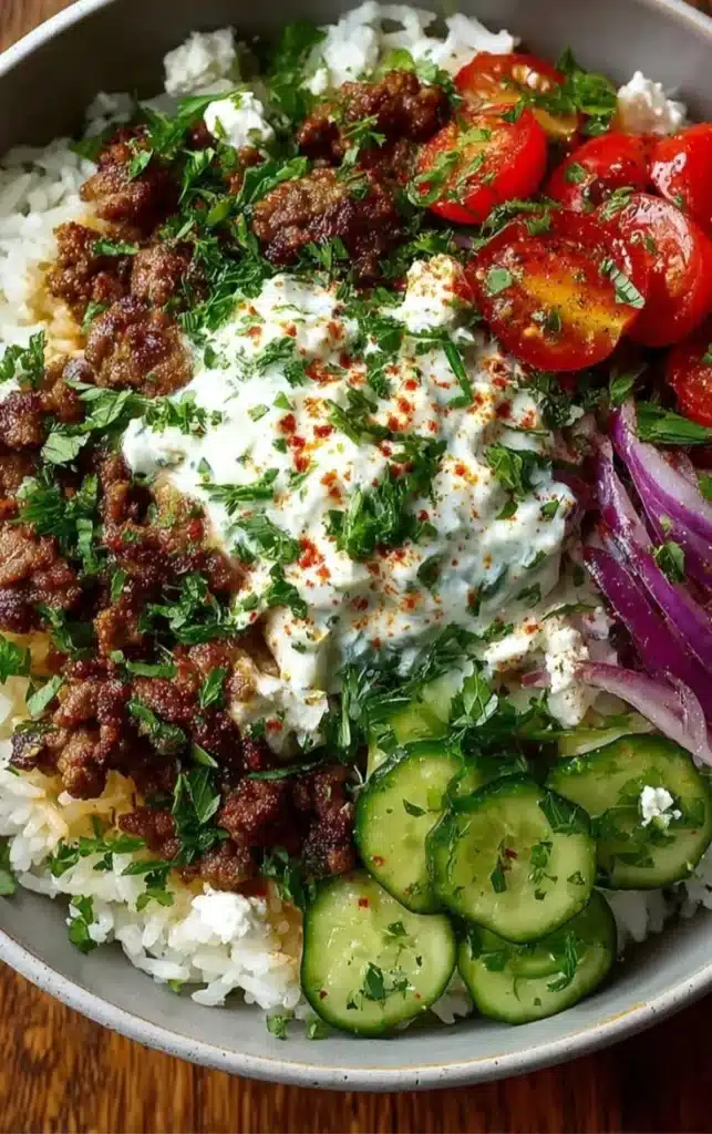 Mediterranean Beef Rice Bowl topped with creamy garlic feta cheese.