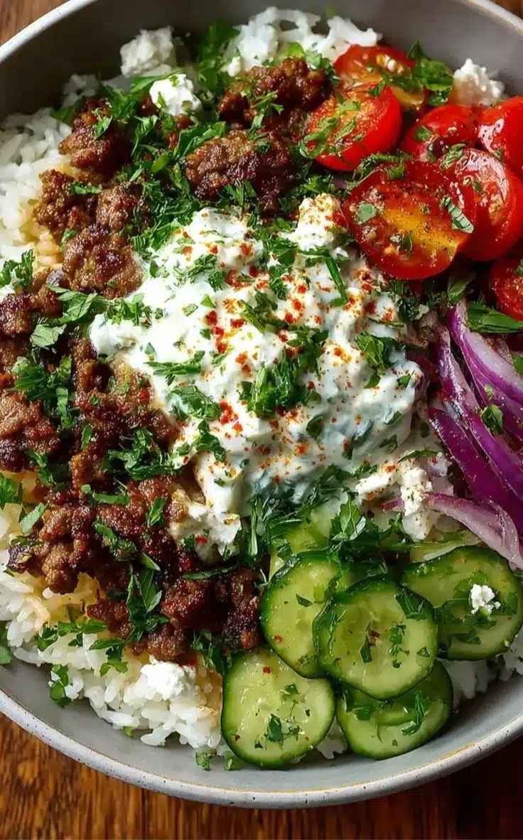 Mediterranean Beef Rice Bowl with Creamy Garlic Feta