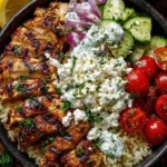 Delicious Mediterranean grilled chicken gyro bowl with fresh veggies and creamy sauce