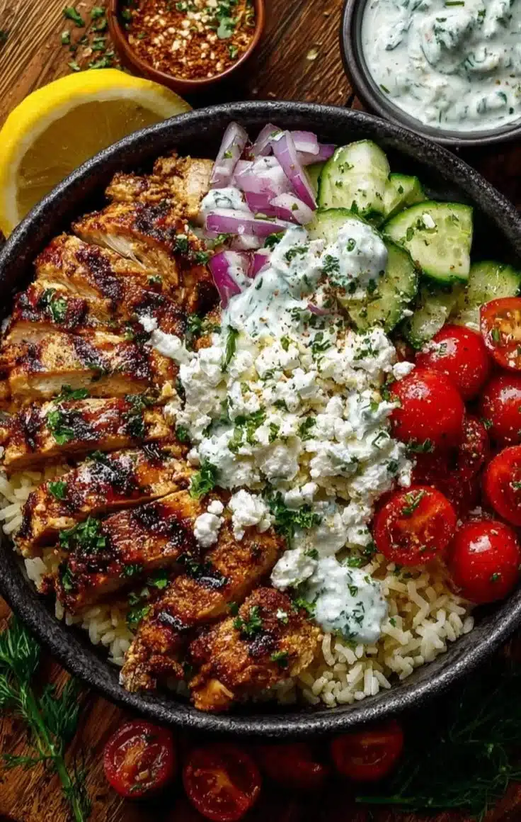 Delicious Mediterranean grilled chicken gyro bowl with fresh veggies and creamy sauce