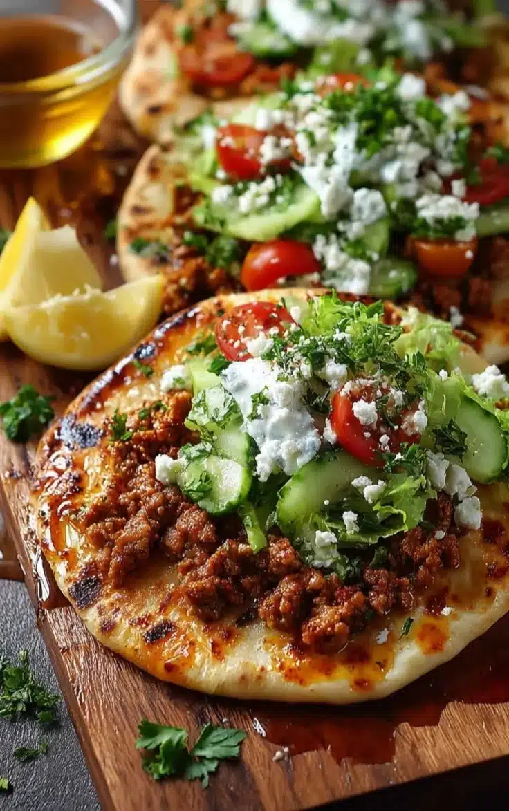 Mediterranean ground chicken flatbread topped with fresh vegetables and herbs