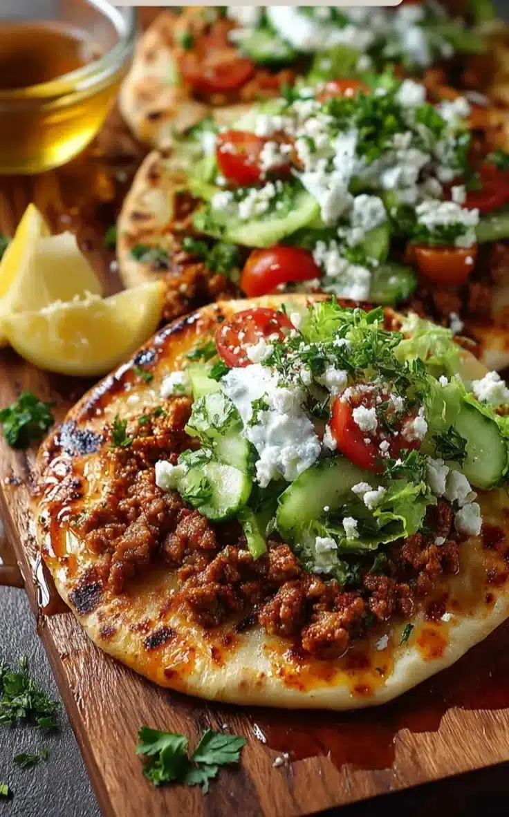 Mediterranean Ground Chicken Flatbread