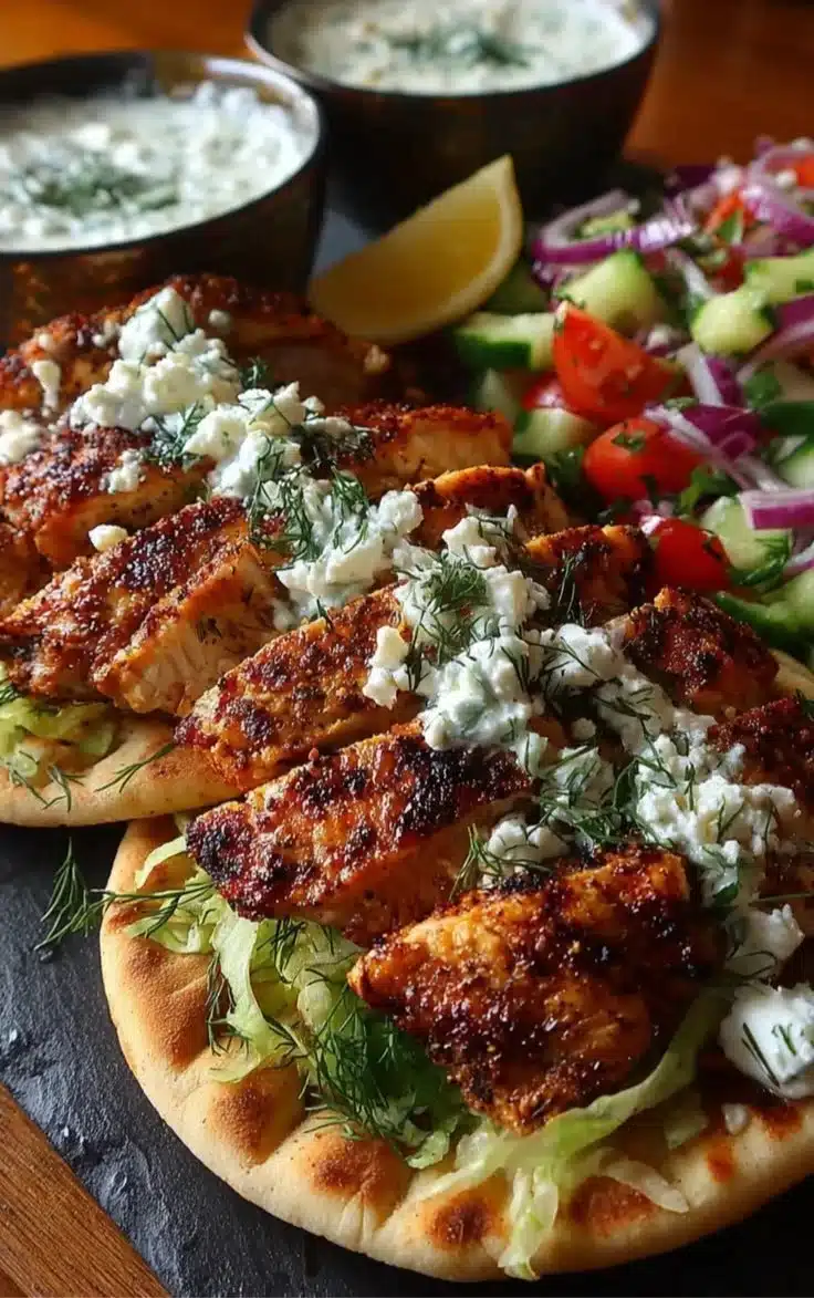 Mediterranean spiced chicken served in a warm pita with fresh vegetables