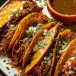 Homemade beef birria tacos with vibrant toppings and rich broth.