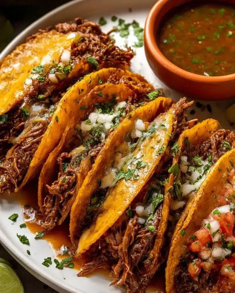 Homemade beef birria tacos with vibrant toppings and rich broth.