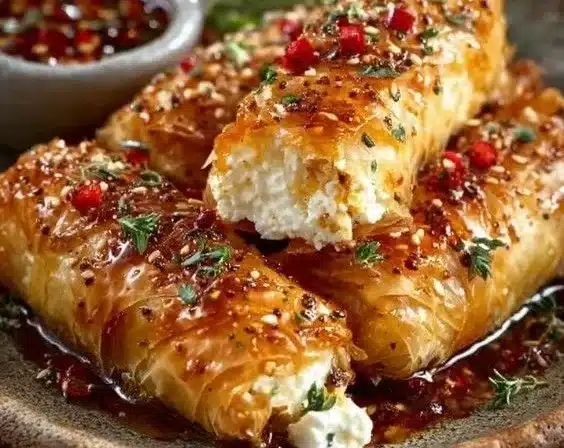 Crispy oven fried feta rolls drizzled with chili honey on a plate.