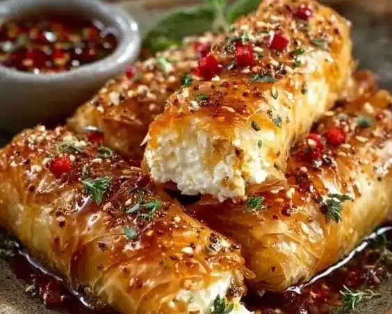 Oven Fried Feta Rolls with Chili Honey