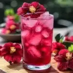 A refreshing cup of Peach Hibiscus Sunset Tea with vibrant colors.