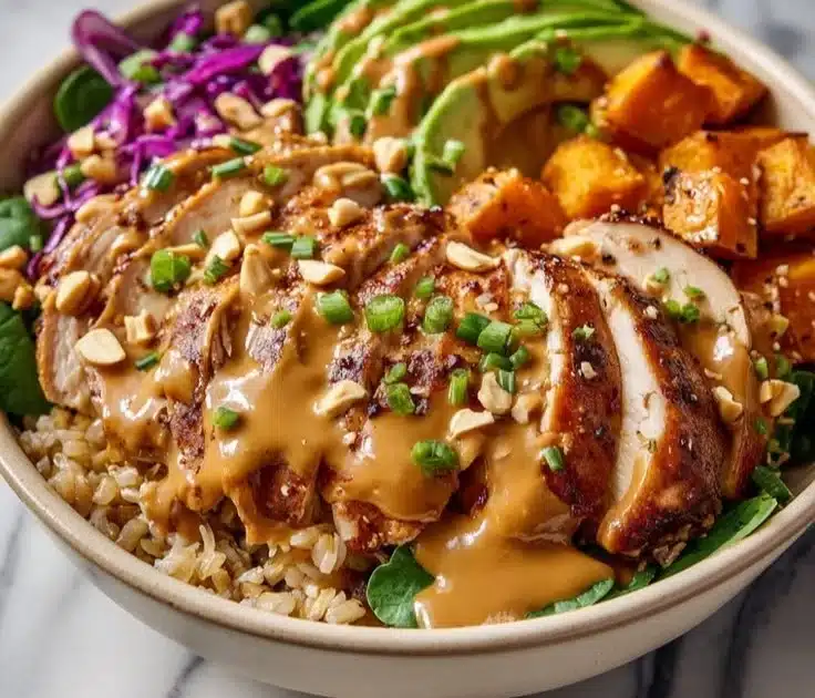 Delicious Peanut Chicken Protein Bowls topped with fresh vegetables and sesame seeds