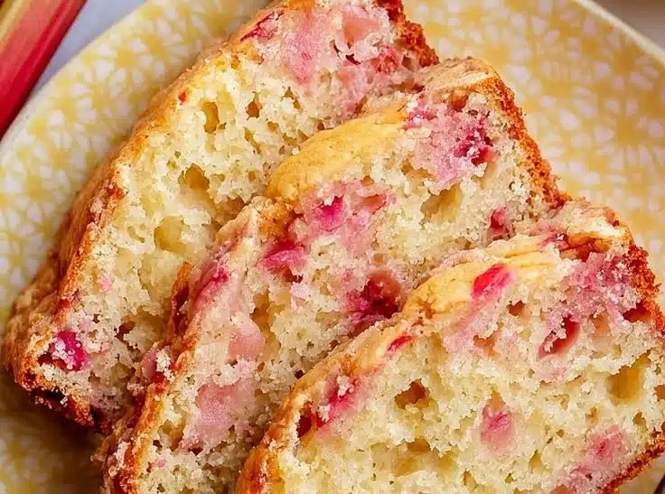 Sliced quick lemon rhubarb bread on a wooden cutting board