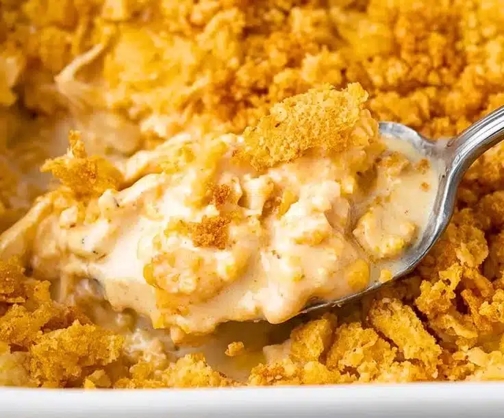 Delicious Ritz Cracker Chicken Casserole baked to perfection with a buttery crust.