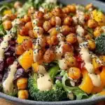 Roasted Chickpea Veggie Harvest Salad with Maple Tahini Dressing
