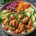 Savory Bang Bang Chicken Bowl with colorful ingredients and spices