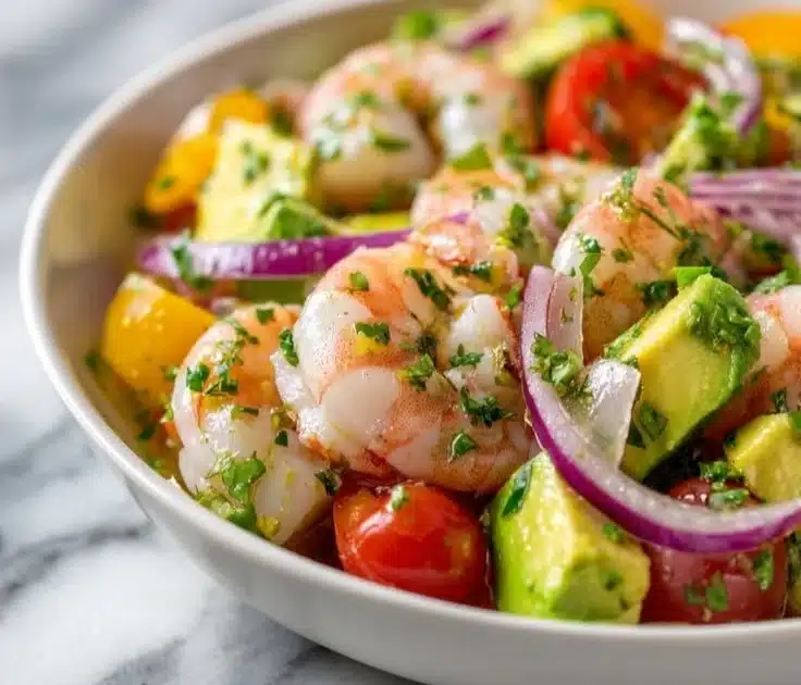 Shrimp avocado salad with fresh ingredients and vibrant colors