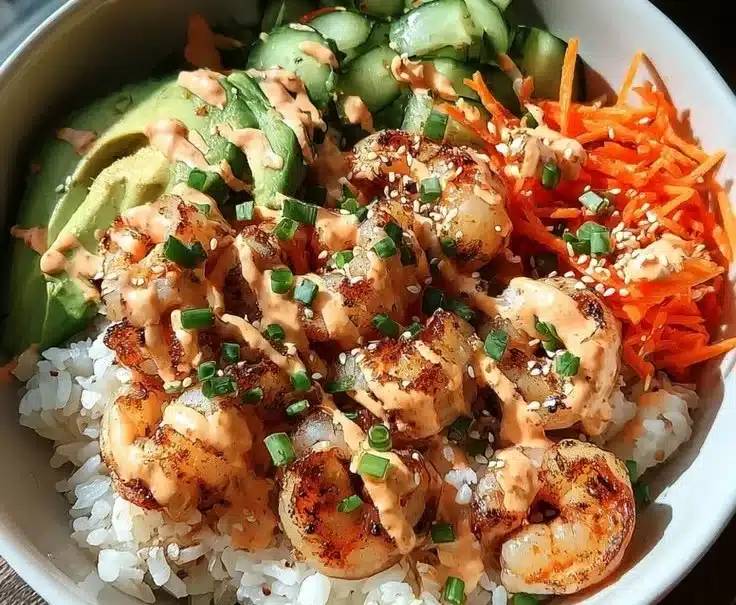 Shrimp rice bowls with spicy mayo served in a colorful dish