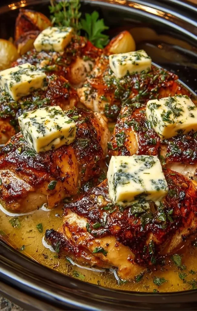 Slow Cooker Fig Jam & Brie Chicken served with a side of vegetables