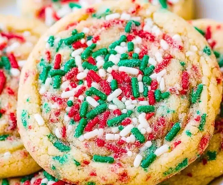 Softbatch No-Roll Holiday Sprinkles Cookies with vibrant festive toppings