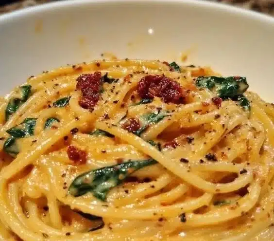 Plate of spaghetti topped with spinach and sun-dried tomato sauce