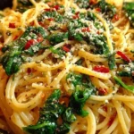 Plate of spaghetti with garlic and spinach garnished with parmesan cheese