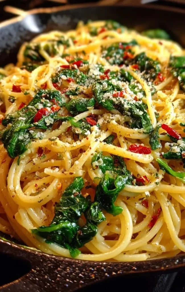 Plate of spaghetti with garlic and spinach garnished with parmesan cheese