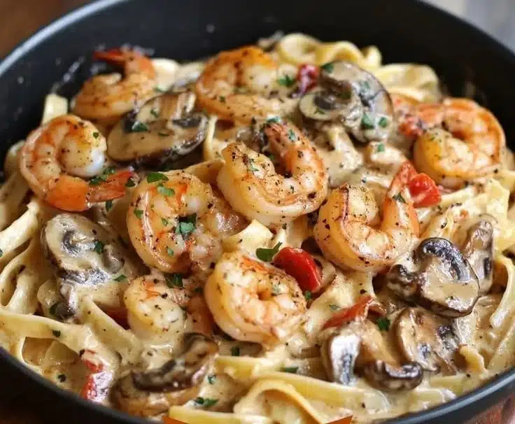 Spicy Blackened Shrimp Stroganoff served in a bowl with fresh herbs.