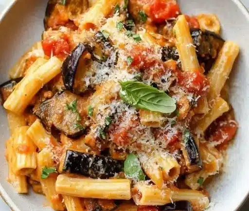 Delicious plate of spicy eggplant pasta garnished with herbs and spices
