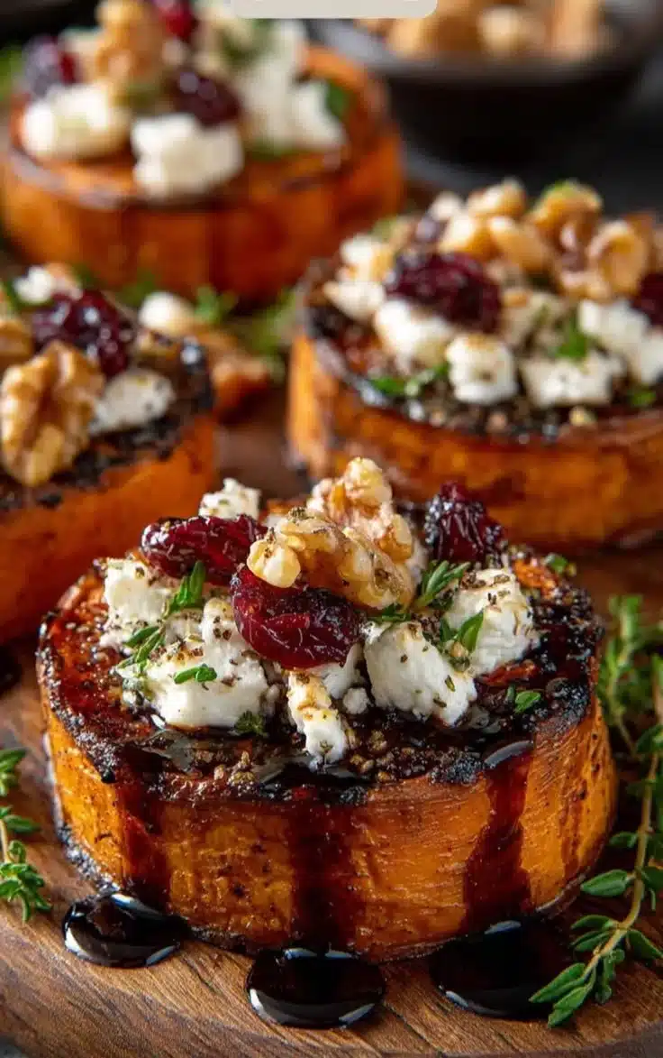 Sweet potato rounds topped with goat cheese and cherries drizzled with maple syrup.