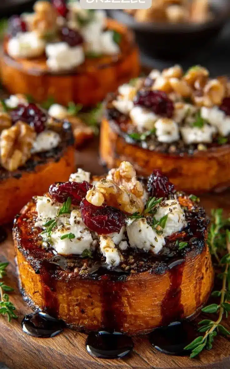 Sweet Potato Rounds with Goat Cheese, Cherries, and Maple Drizzle