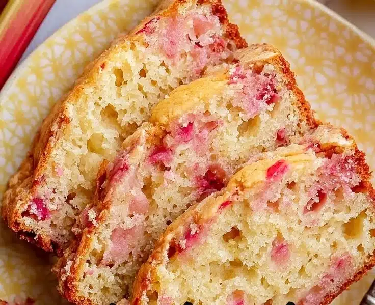Slice of zesty lemon rhubarb bread on a wooden cutting board