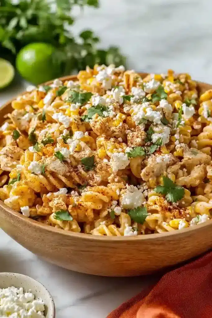 Zesty Mexican Street Corn Chicken Pasta Salad served in a vibrant bowl