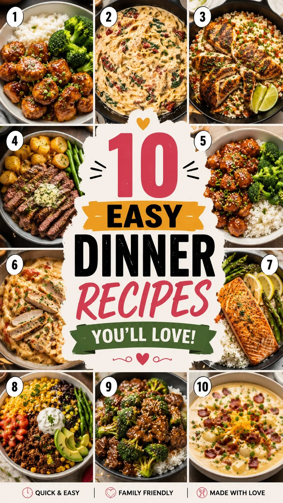A variety of easy dinner recipes on a table ready to be served.