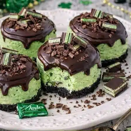 Andes Mint Mini Cheesecakes with chocolate and mint topping