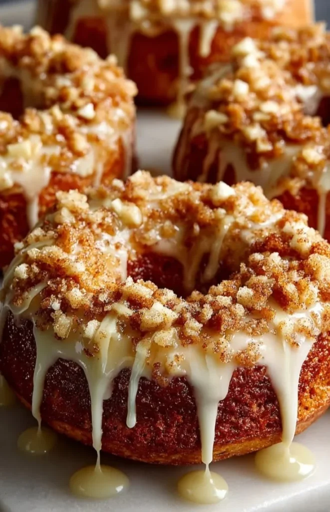 Baked apple crumble donuts topped with crispy crumble and fresh apple slices