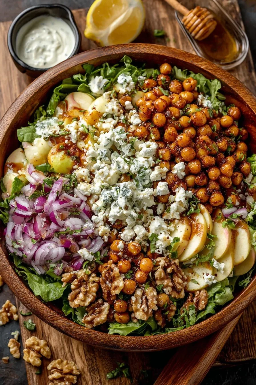 Apple Feta Chickpea Salad with Honey Mustard Dressing in a bowl