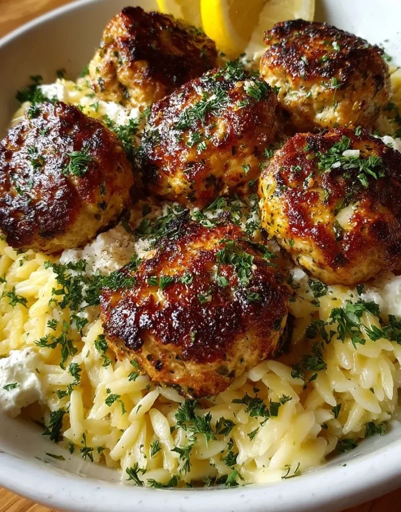Baked ricotta lemon meatballs served over orzo salad, garnished with herbs.