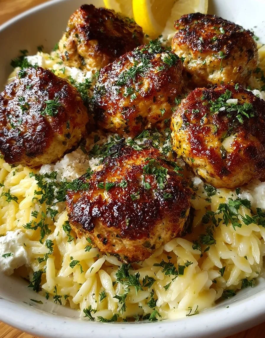 Baked ricotta lemon meatballs served over orzo salad, garnished with herbs.
