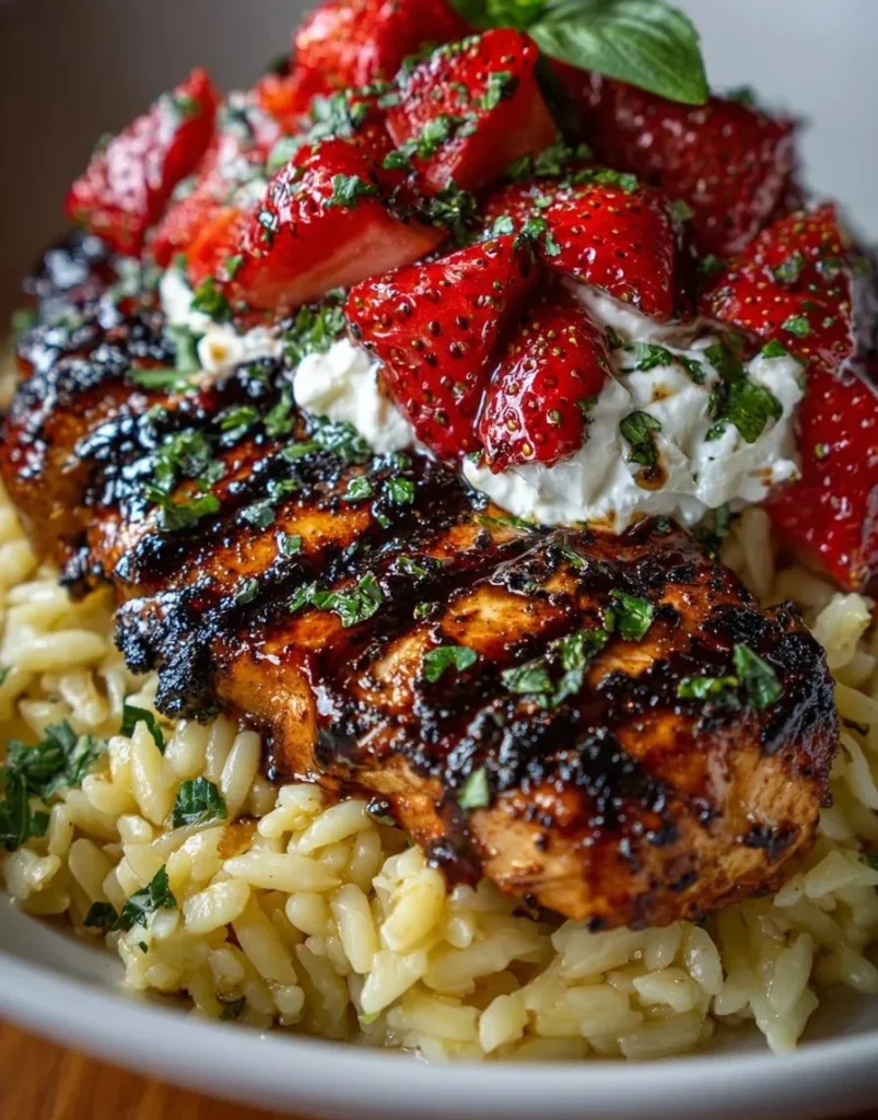 Balsamic glazed chicken served with orzo, whipped feta, roasted strawberries, and fresh basil.