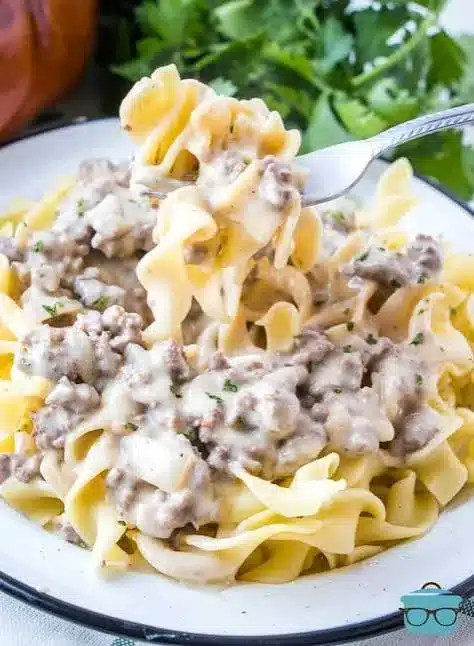 Delicious beef stroganoff served with pasta and garnished with parsley