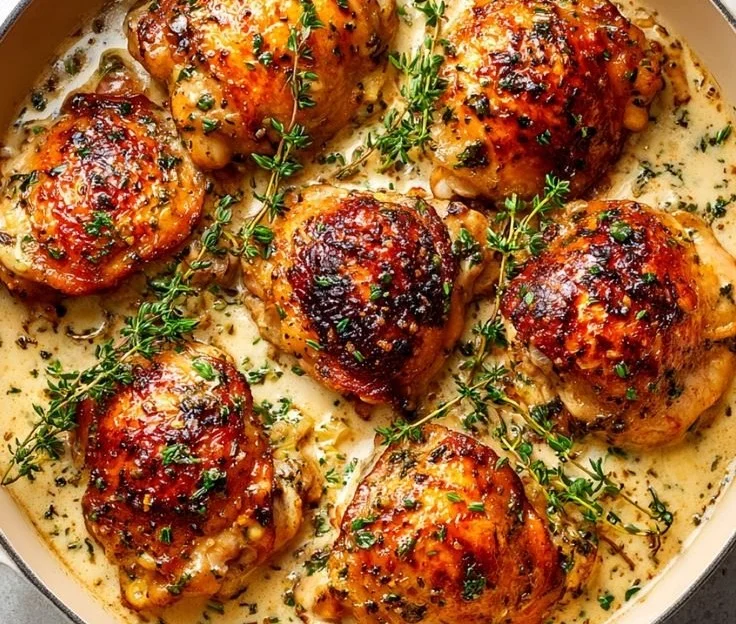 Bobby Flay's chicken thighs smothered in creamy garlic sauce on a plate.