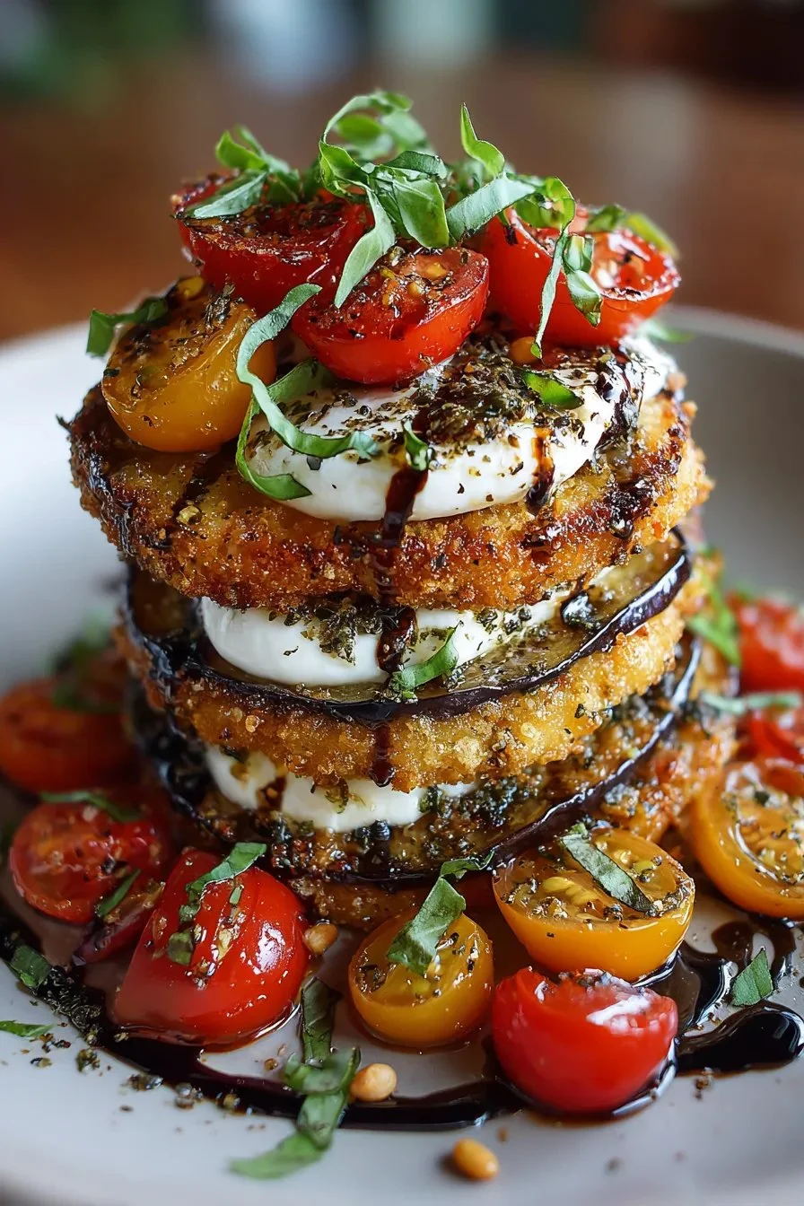 Burrata and roasted eggplant stack garnished with fresh herbs on a plate.