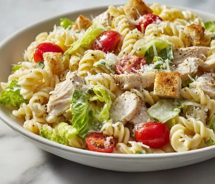 Delicious Caesar Pasta Salad with romaine lettuce, pasta, and creamy dressing