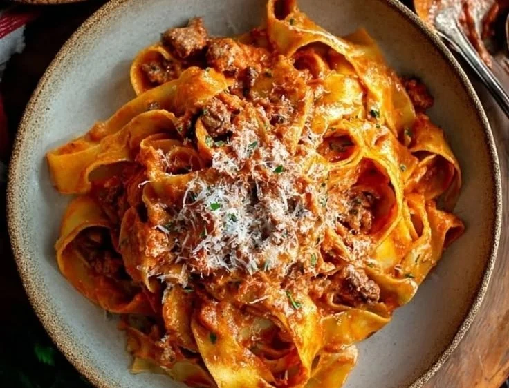 Delicious Calabrian Chili Pappardelle with sausage and fennel in a bowl