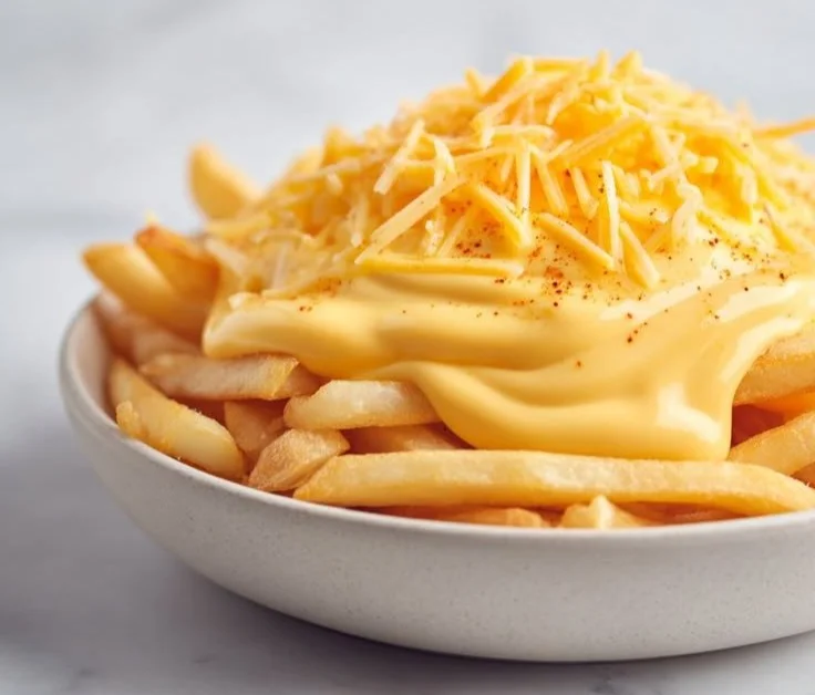 Creamy cheese sauce drizzled over crispy fries