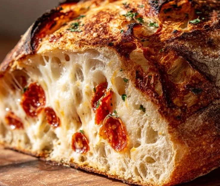 Cheesy pepperoni pizza sourdough bread fresh out of the oven