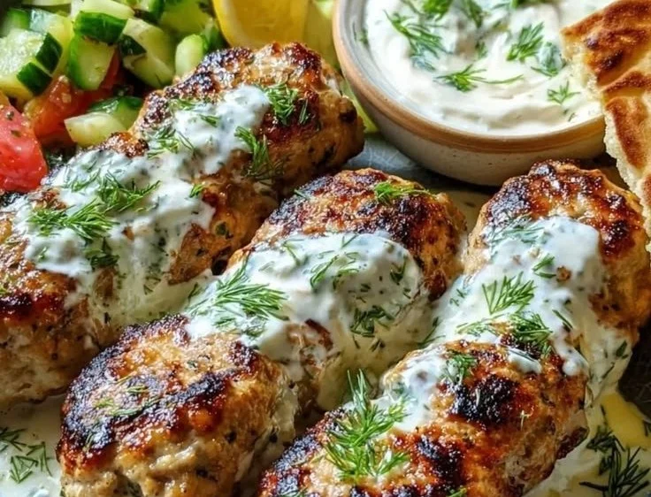 Delicious Chicken Kofta served with creamy garlic yogurt sauce on a plate.