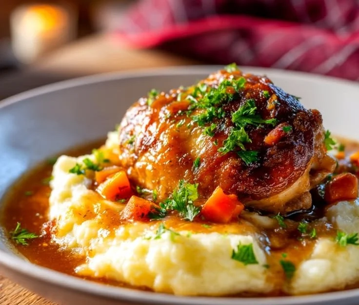 Delicious plate of Chicken Thigh Osso Bucco with herbs and vegetables