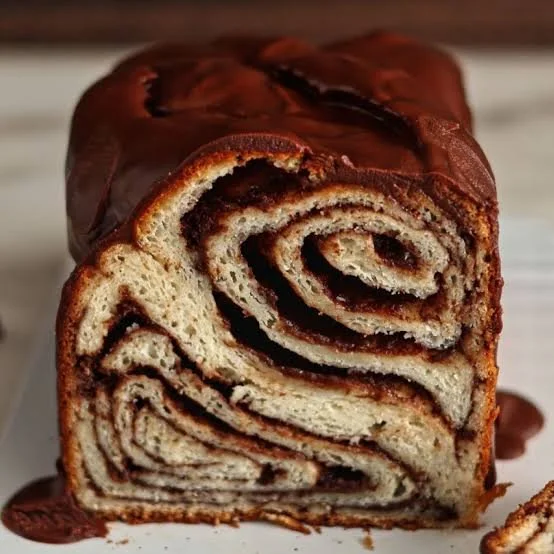 Freshly baked Chocolate Babka loaf with chocolate swirls